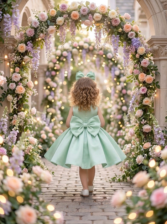 Back view of a child wearing a mint green dress with a large waist bow and pleated skirt.