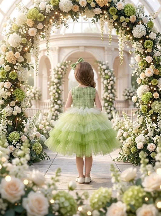 Back view of a child wearing a light green dress with a checked bodice and tiered ruffle skirt.