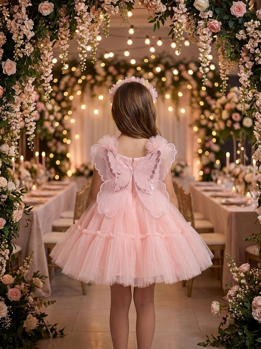Rose Garden Princess Gown – pink tulle dress with butterfly wings, back view on girl
