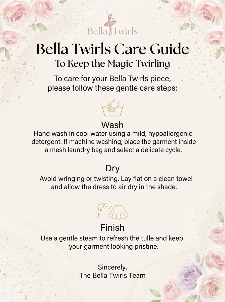 Bella Twirls Care Guide with gentle wash, dry and steam finish instructions