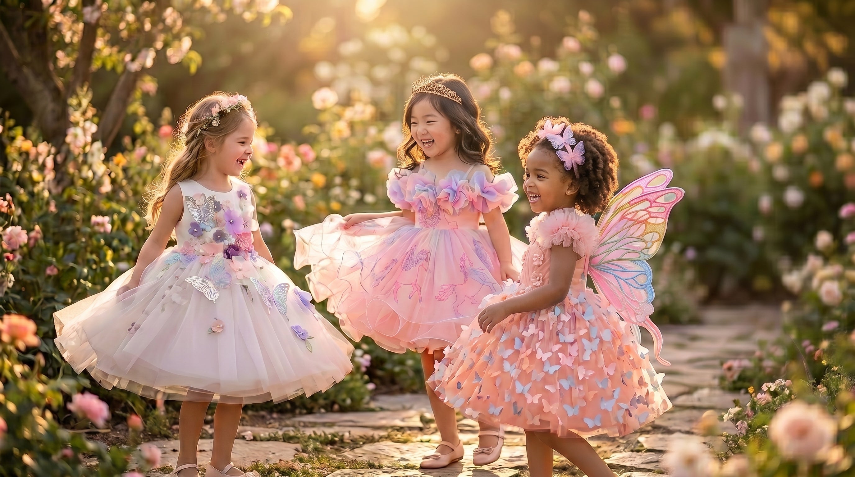 Three young girls wearing colorful fairy and princess costumes dance together on a stone garden path surrounded by blooming flowers in warm golden sunlight. BELLA_TWIRLS BOUTIQUE _HERO_BANNER