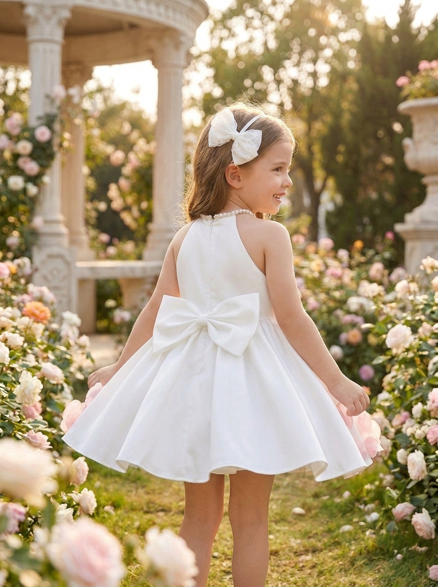 Back view of a child wearing a white halter-neck dress with a large white back bow and a full skirt.