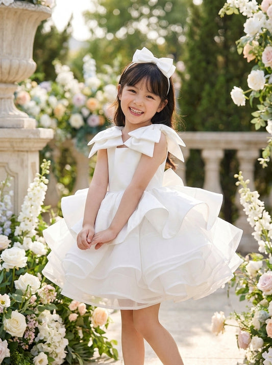 Front view of a child wearing a white dress with layered bow shoulder straps and a tiered ruffle skirt.