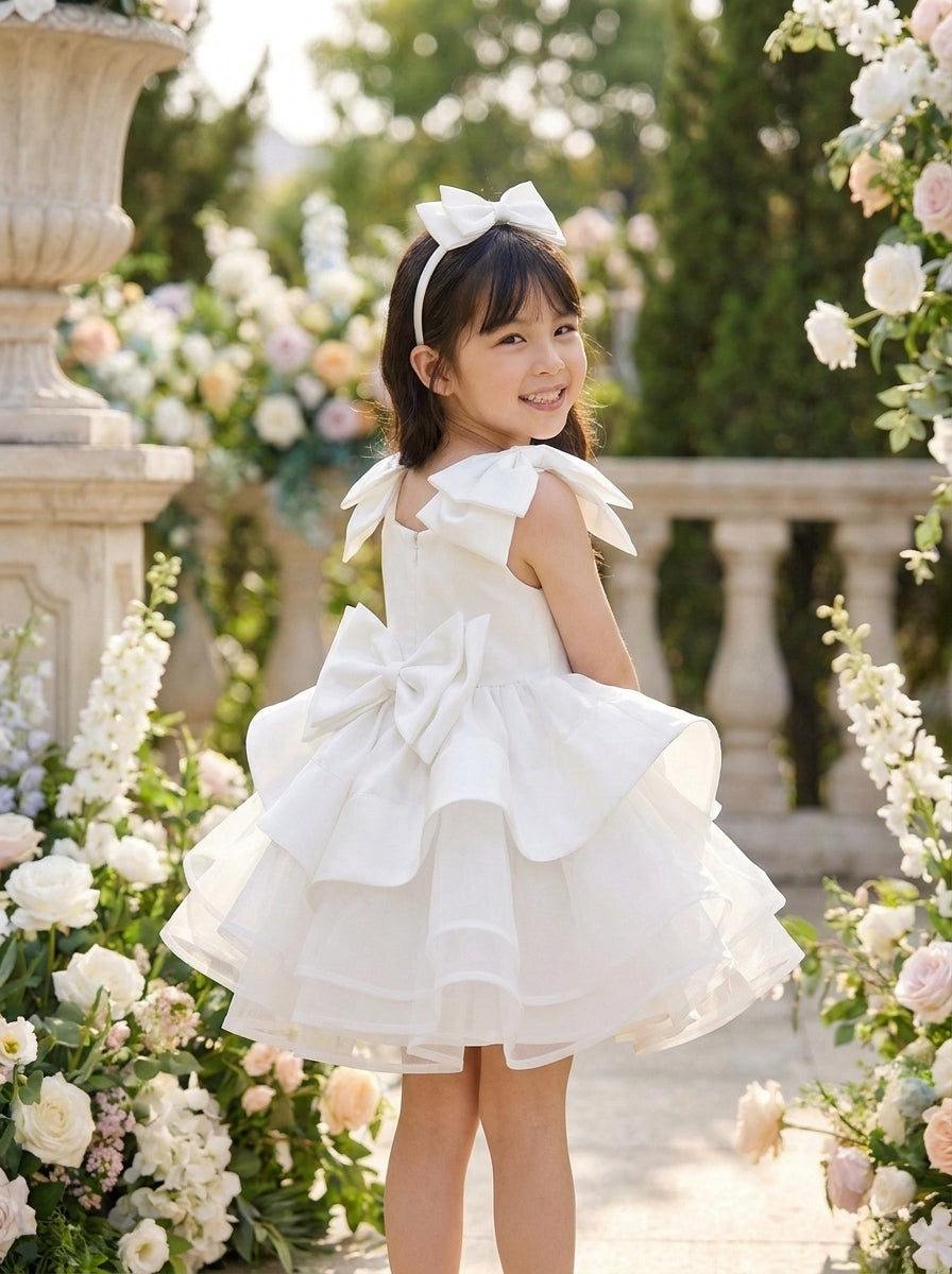 Back view of a child wearing a white dress with layered bow shoulder straps, a large back bow and a tiered ruffle skirt.