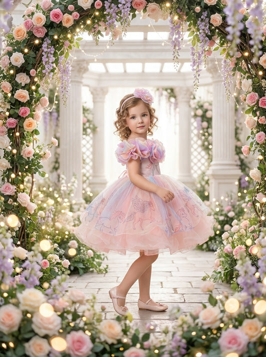 Three-quarter view of a child wearing a pink dress with pastel shoulder rosettes and outlined skirt motifs.