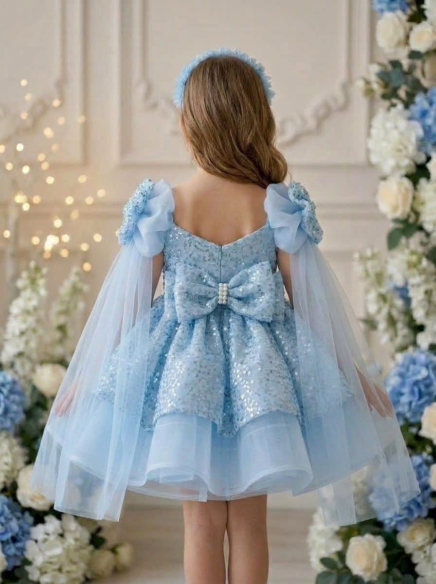 Back view of a child wearing a light blue sequinned dress with shoulder rosettes, sheer cape sleeves and a pearl-centred back bow.