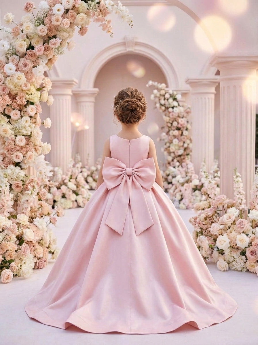 Back view of a child wearing a blush pink sleeveless gown with a large waist bow and trailing hem.