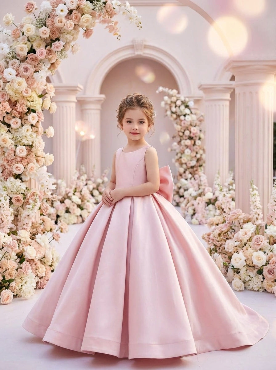 Front view of a child wearing a blush pink sleeveless gown with a full pleated skirt and trailing hem.