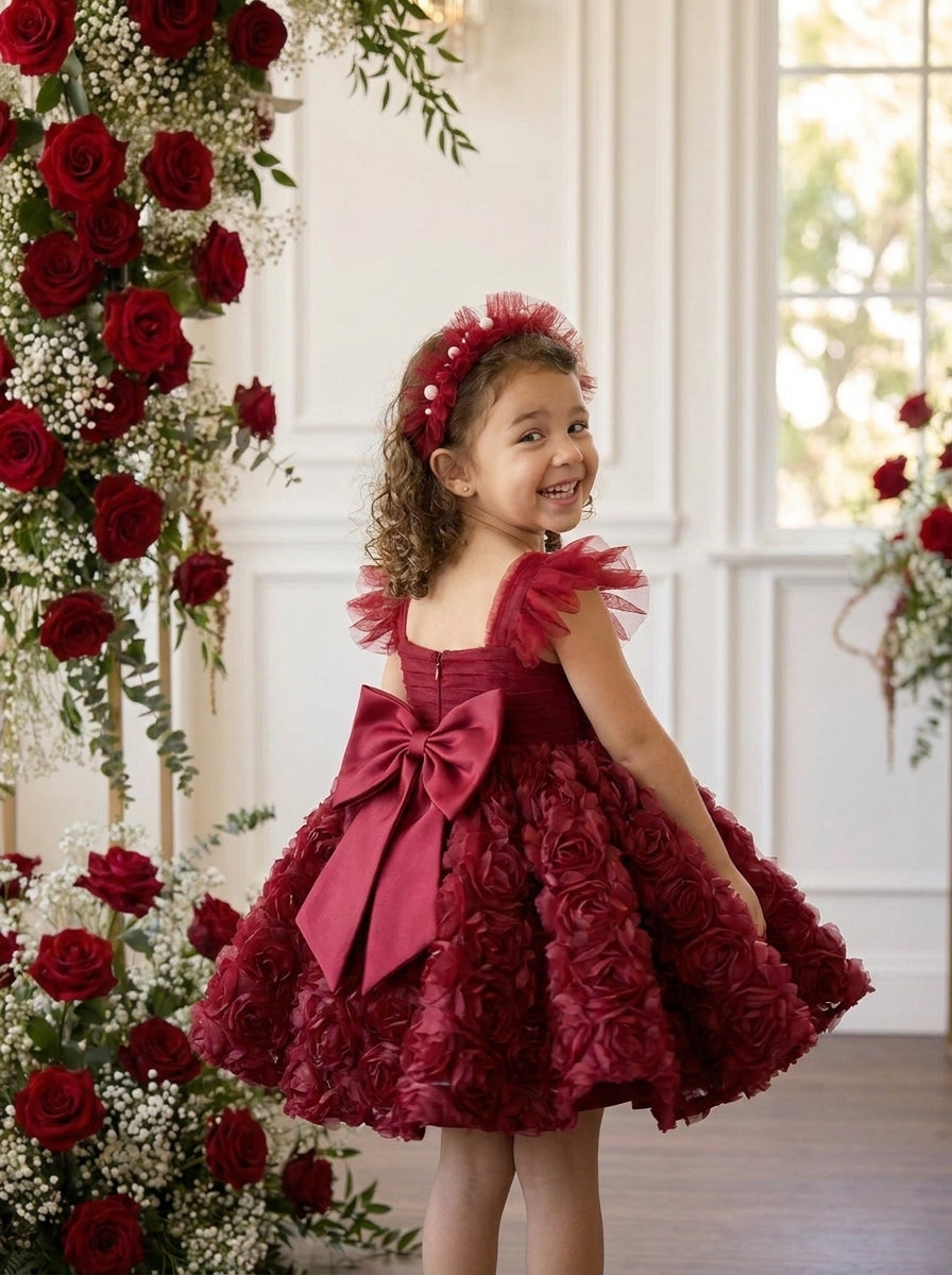 Back view of a child wearing a burgundy dress with ruffled shoulder straps, a large back bow and an all-over rosette skirt.