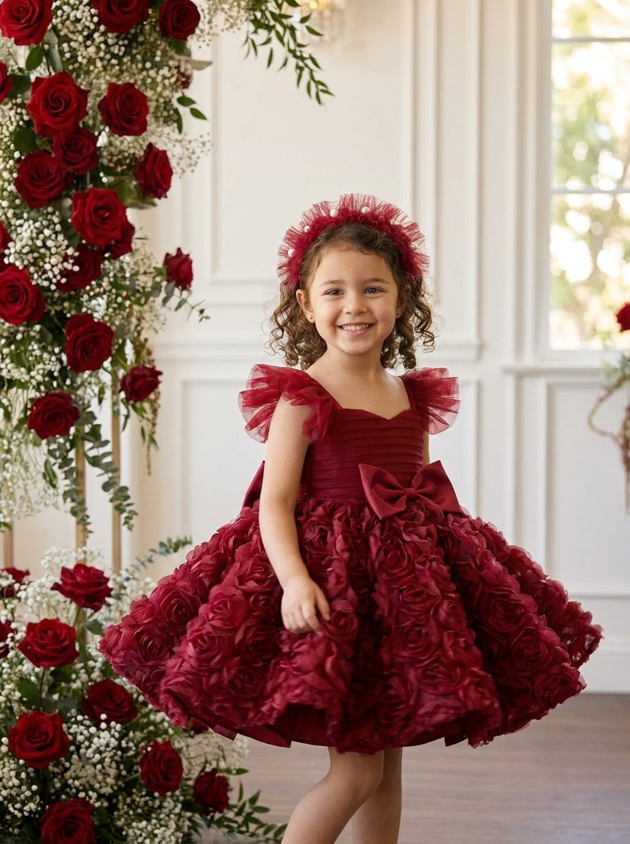 Front view of a child wearing a burgundy dress with ruffled shoulder straps, a pleated bodice, a waist bow and an all-over rosette skirt.