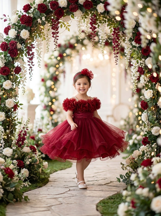 Front view of a child wearing a burgundy dress with rosette shoulders and a layered skirt.