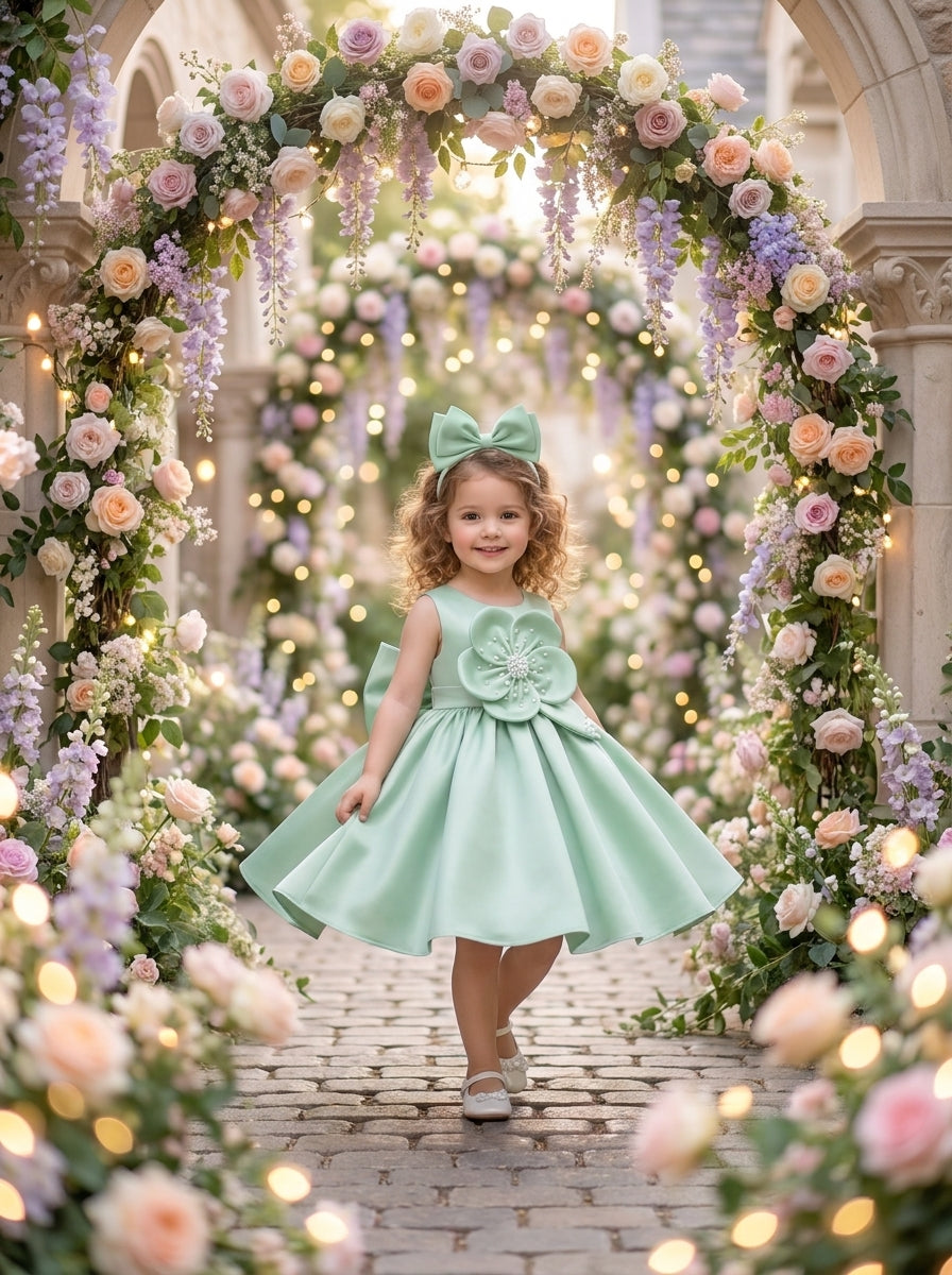 Front view of a child wearing a mint green dress with a large beaded flower on the bodice.