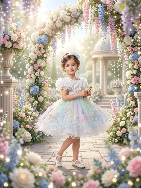 Front view of a child wearing a pastel dress with white shoulder rosettes and a multicoloured patterned skirt.