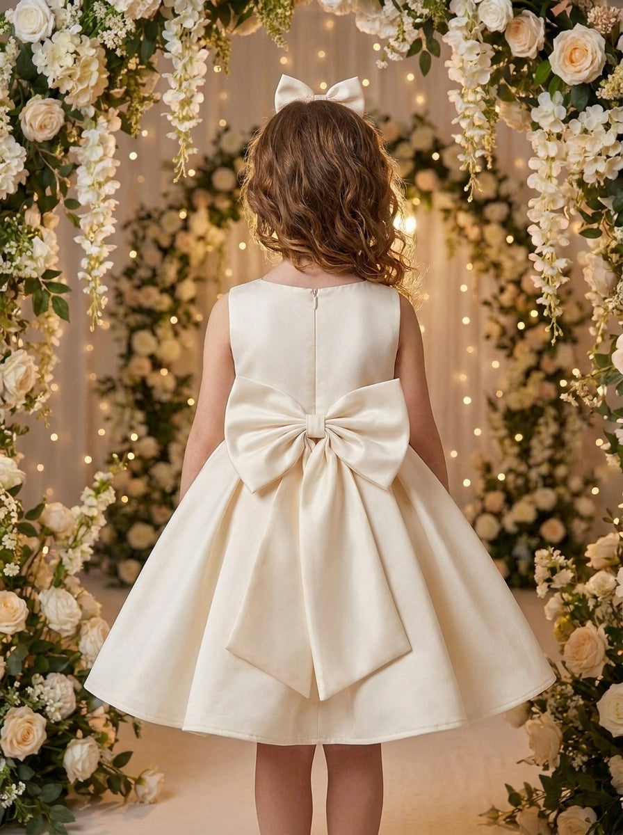 Classic Bow Mini Gown – ivory satin dress with oversized back bow, back view on girl