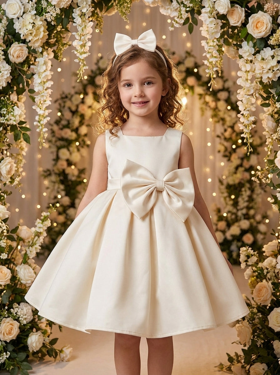 Classic Bow Mini Gown – ivory satin dress with large waist bow, front view on girl in floral arch