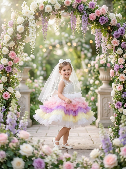 Three-quarter view of a child wearing a white-bodice dress with pink, purple and yellow skirt ruffles.