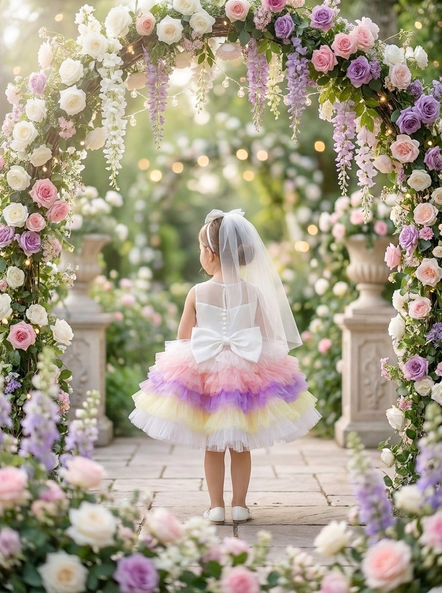 Back view of a child wearing a white-bodice dress with a large bow and pink, purple and yellow skirt ruffles.