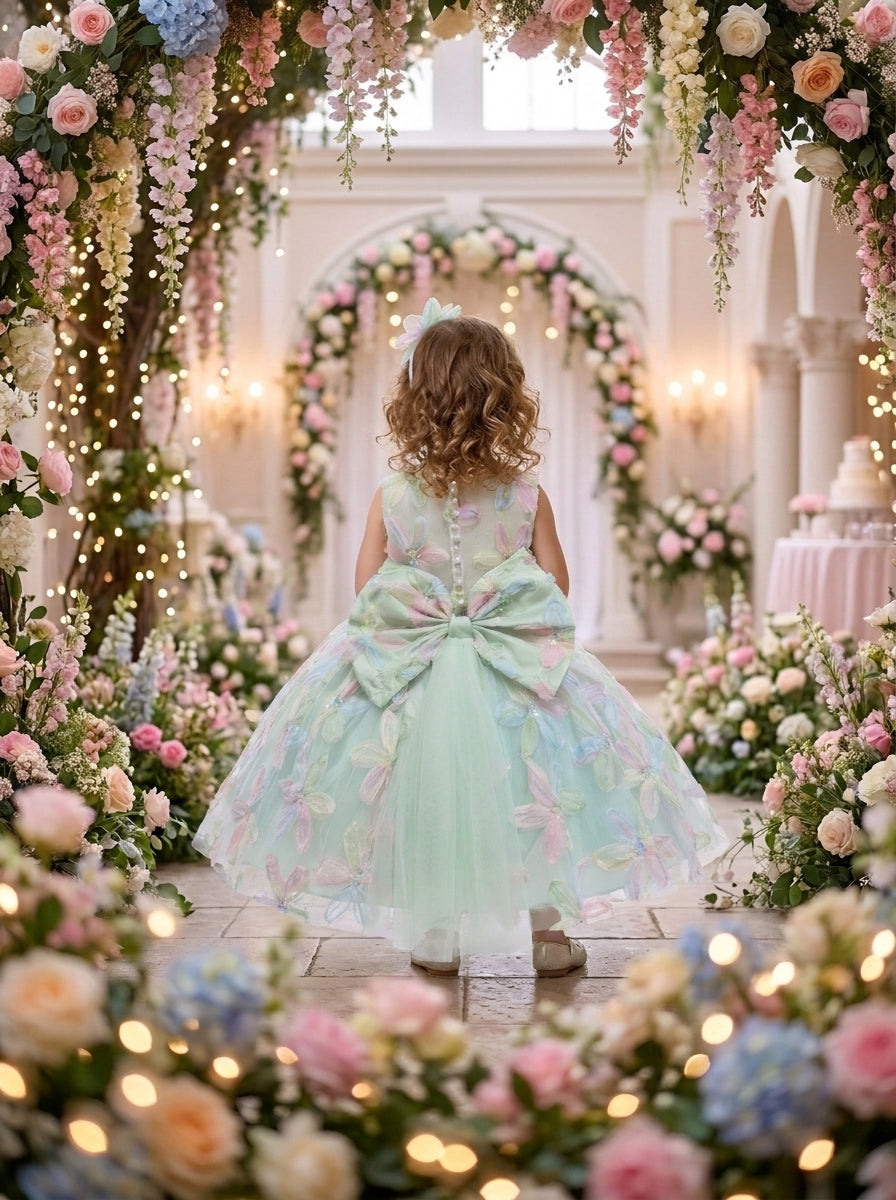Back view of a child wearing a pale green dress with pastel petal decorations and a large waist bow.