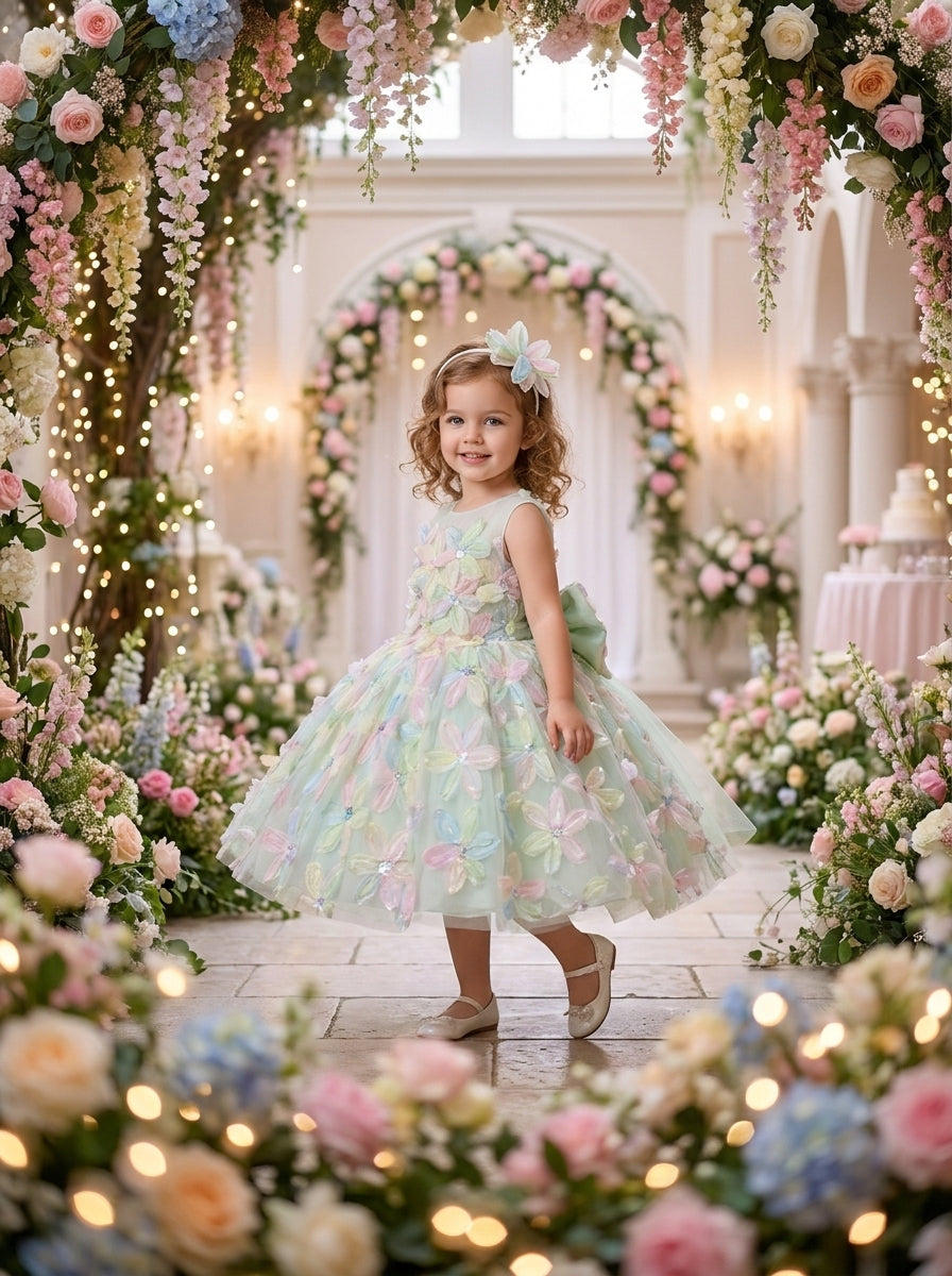 Three-quarter view of a child wearing a pale green dress with pastel petal decorations and a full skirt.