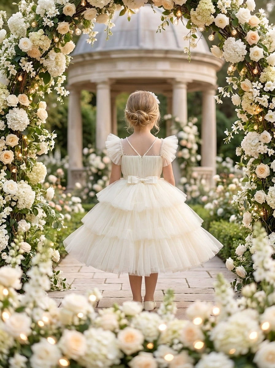 Back view of a child wearing a cream dress with ruffled shoulders, a small waist bow and tiered skirt.