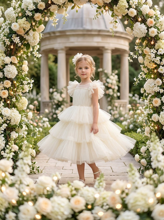 Front view of a child wearing a cream dress with ruffled shoulders, a pleated bodice and tiered skirt.