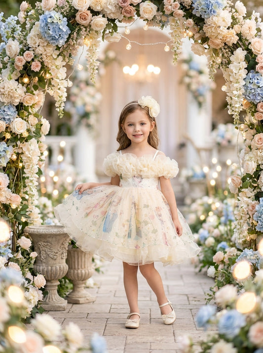 Front view of a child wearing a cream dress with flower-like shoulder ruffles and a pastel patterned skirt.