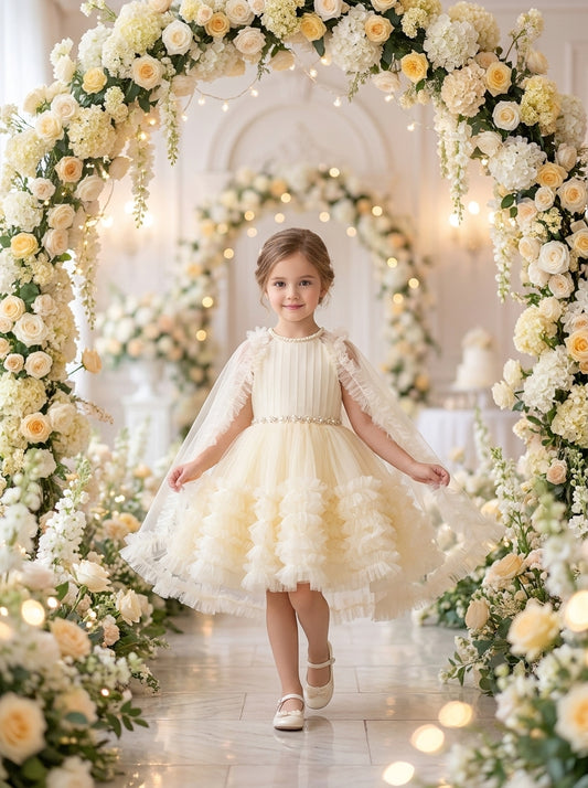 Front view of a child wearing a cream dress with a beaded neckline, ruffled skirt and long sheer cape.