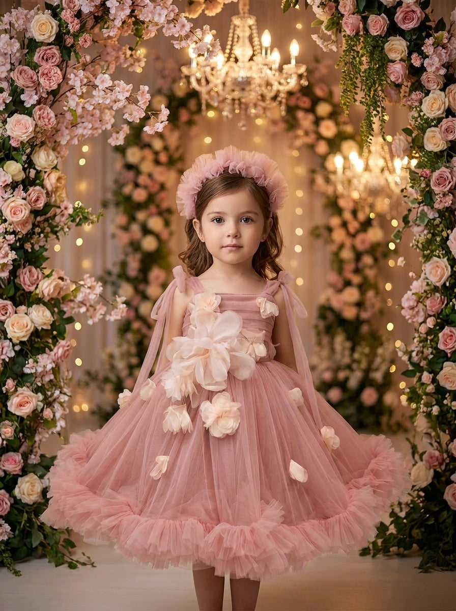 Dusty Rose Petal Cascade Gown – dusty rose ruffled tulle dress with 3D flowers, front view on girl