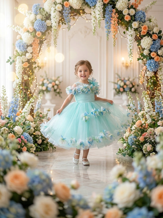 Front view of a child wearing a pale green dress with flower decorations around the neckline and skirt.