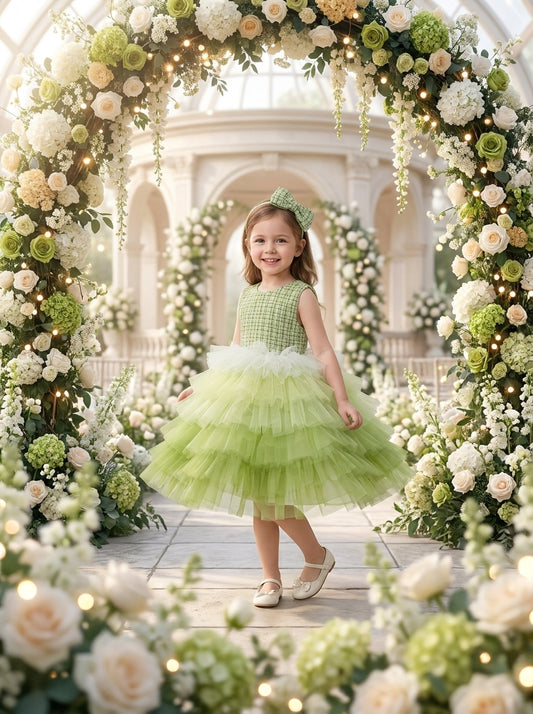 Front view of a child wearing a light green dress with a checked sleeveless bodice and tiered ruffle skirt.