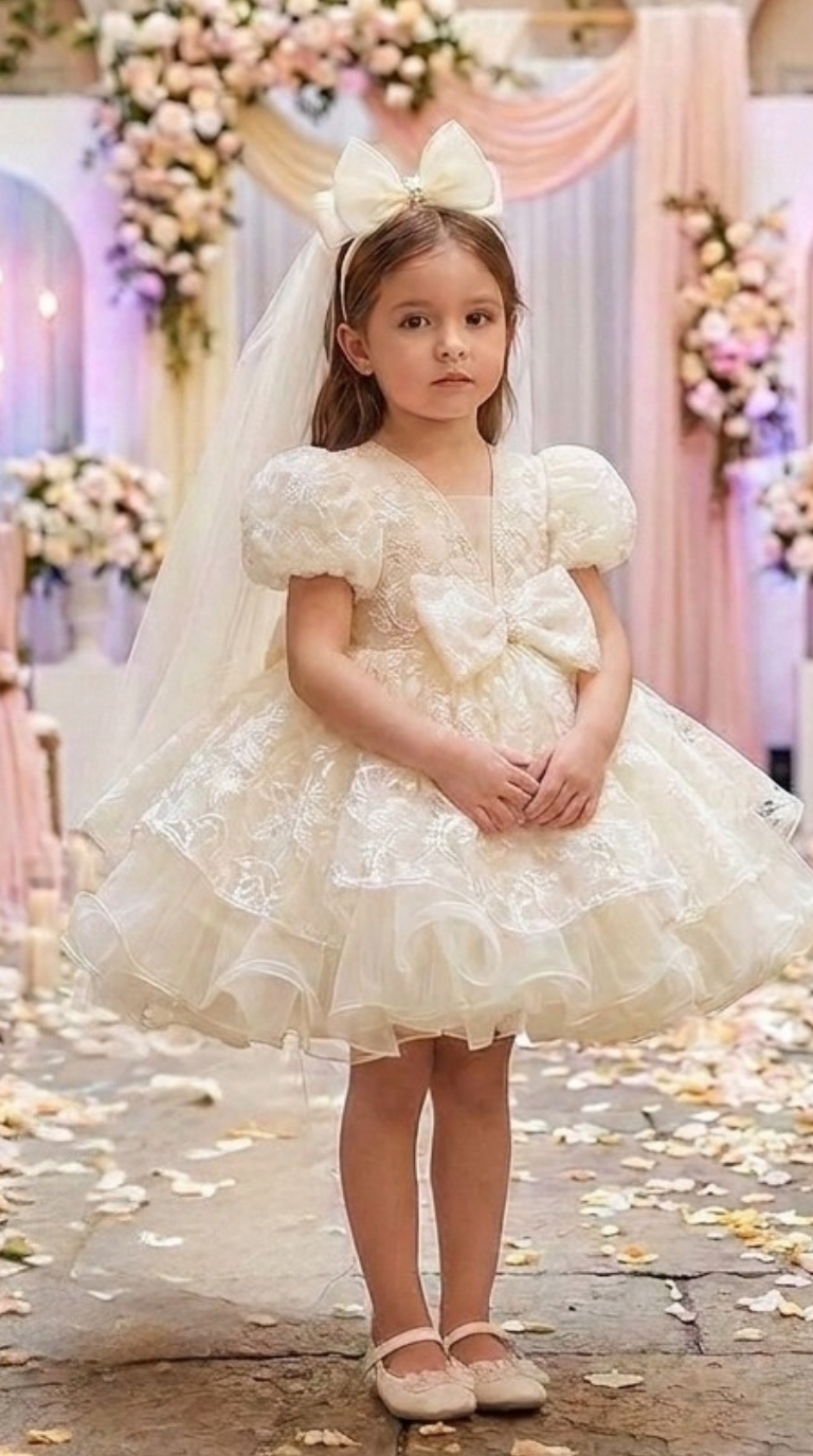 Front view of a child wearing a cream floral-patterned dress with puff sleeves, a waist bow and matching veil.