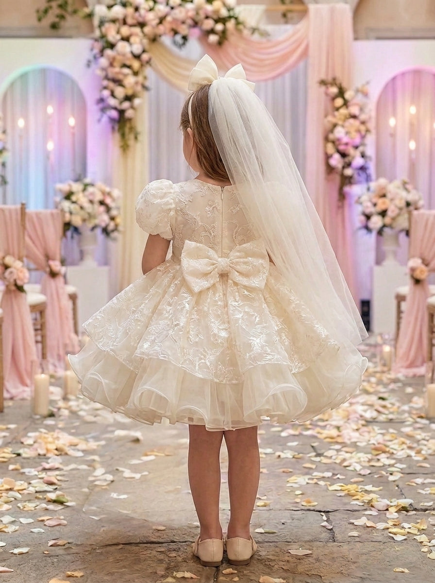 Back view of a child wearing a cream floral-patterned dress with puff sleeves, a large bow and matching veil.