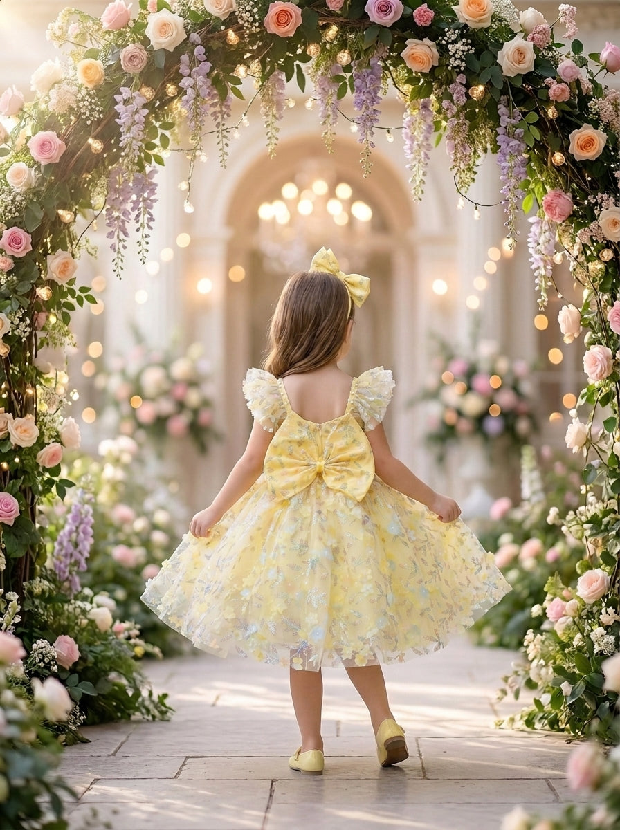 Back view of a child wearing a yellow floral-patterned dress with ruffled shoulders and a large waist bow.