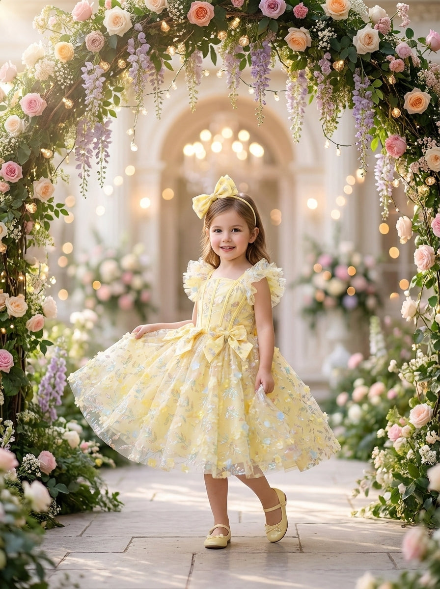 Front view of a child wearing a yellow floral-patterned dress with ruffled shoulders and two waist bows.