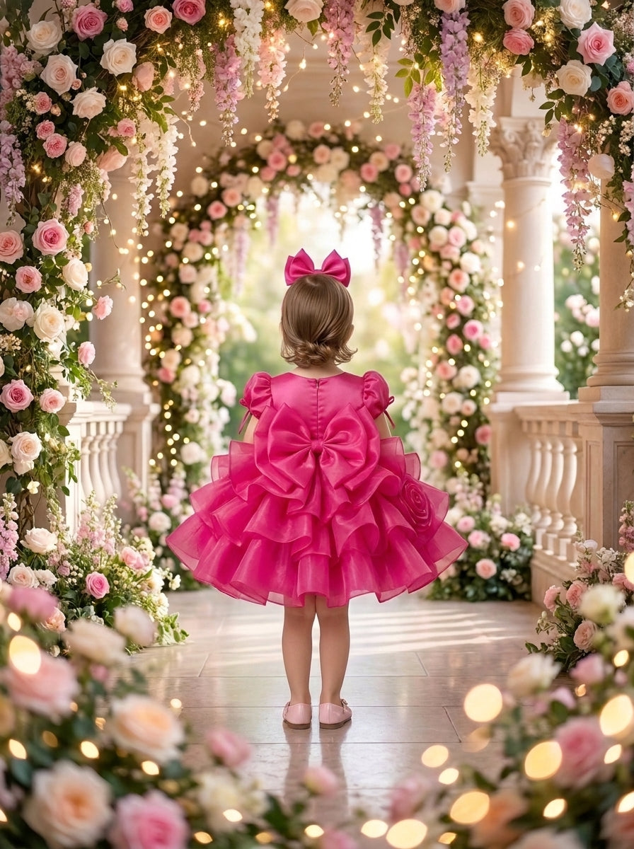 Back view of a child wearing a bright pink dress with puff sleeves, a large waist bow and sculpted ruffles.