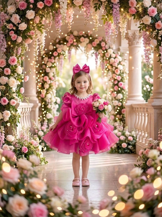 Front view of a child wearing a bright pink dress with puff sleeves, large rosettes and sculpted ruffles.
