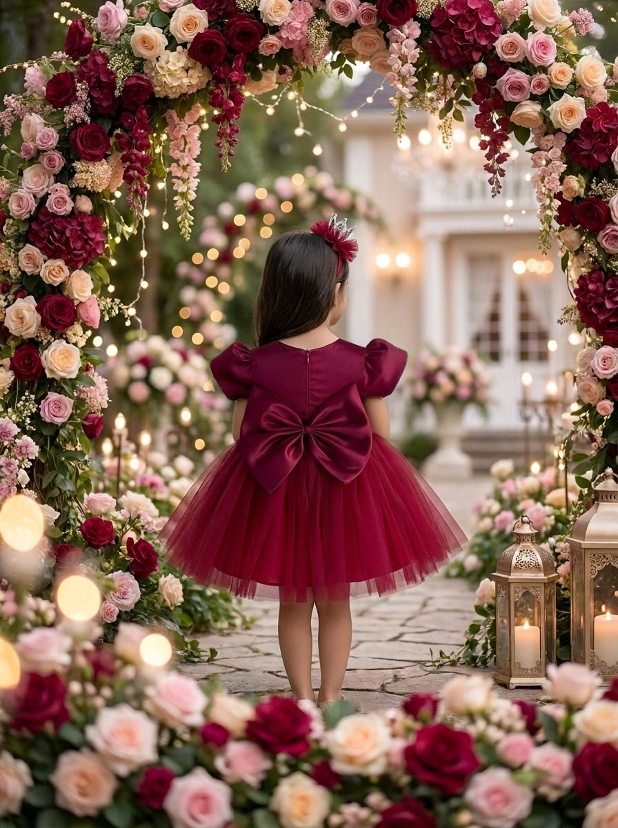 Back view of a child wearing a burgundy dress with ruffled shoulders, a large waist bow and a full skirt.