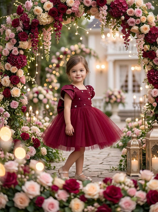 Front view of a child wearing a burgundy dress with ruffled shoulders, small floral details and a full skirt.