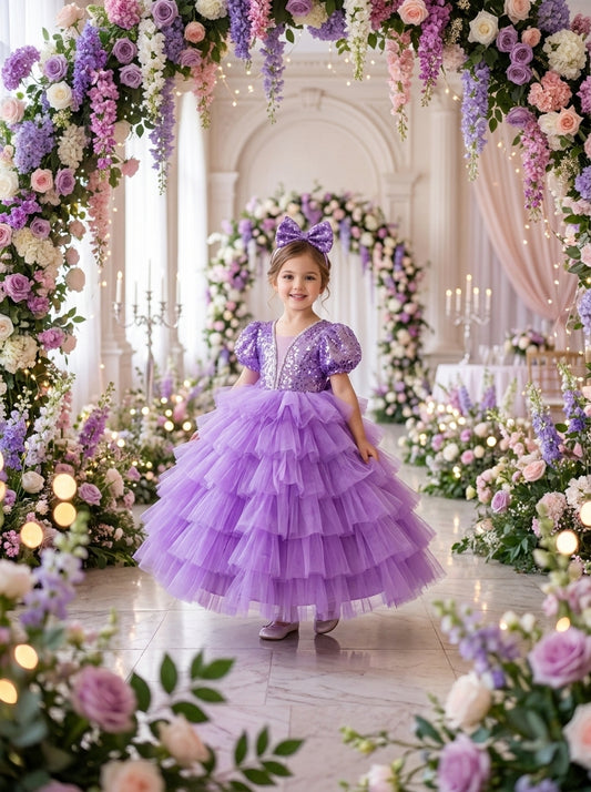 Front view of a child wearing a lavender dress with shiny puff sleeves, a V-shaped bodice and tiered ruffle skirt.