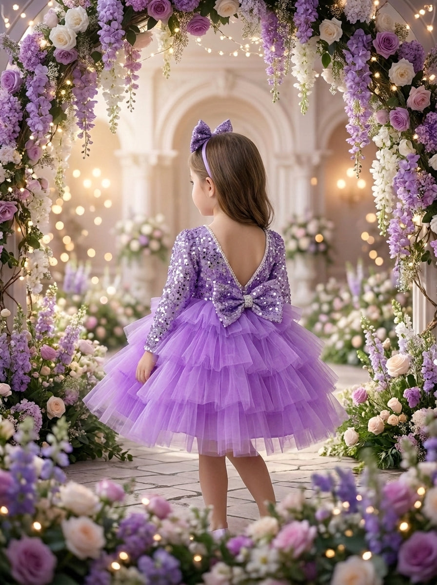 Three-quarter back view of a child wearing a lavender dress with shiny long sleeves and a large waist bow.
