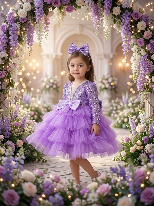 Front view of a child wearing a lavender dress with shiny long sleeves, a waist bow and tiered skirt.