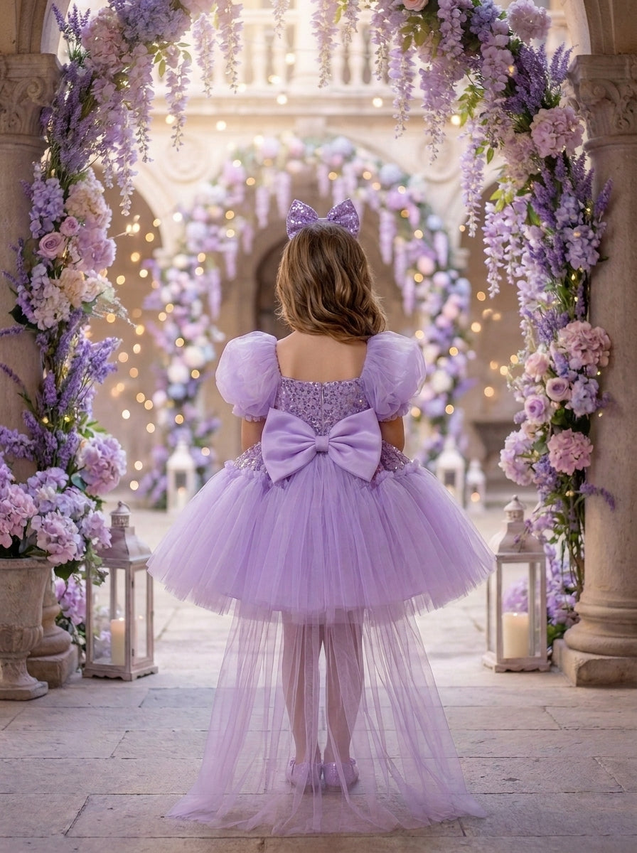 Back view of a child wearing a lavender dress with puff sleeves, a large waist bow and long sheer skirt tails.