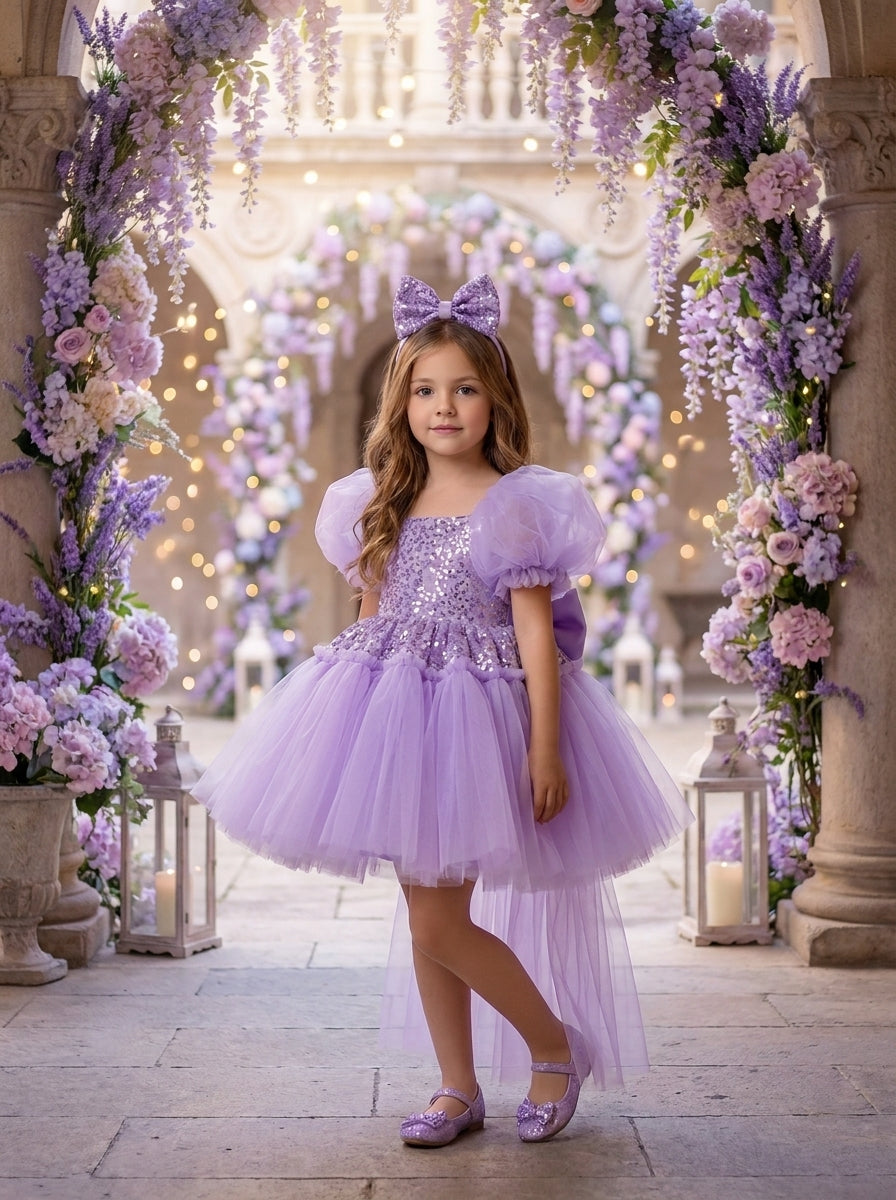 Front view of a child wearing a lavender dress with puff sleeves, a shiny bodice and long sheer skirt tails.