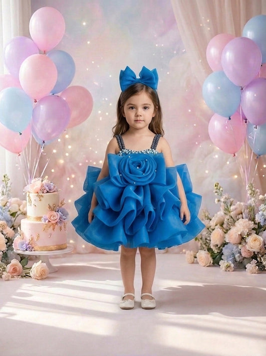 Front view of a child wearing a blue dress with a large bodice rosette, black straps and a sculpted ruffle skirt.