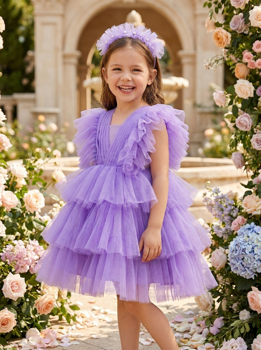Majestic Garden Princess Dress – lavender tiered tulle dress with ruffle sleeves, front view on girl