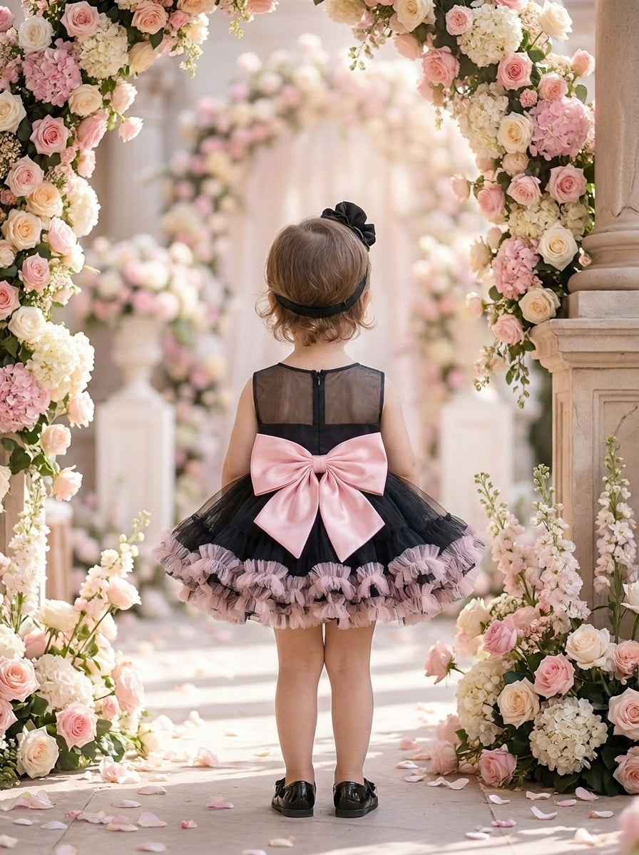Back view of a child wearing a black dress with a sheer upper back, large pink bow and pink ruffled hem.