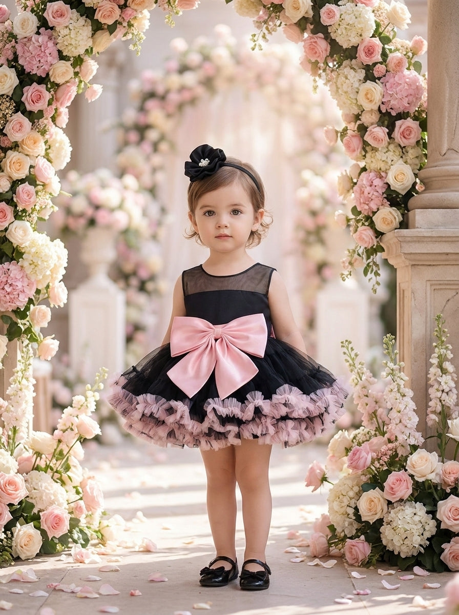 Front view of a child wearing a black dress with a sheer neckline, large pink bow and pink ruffled hem.