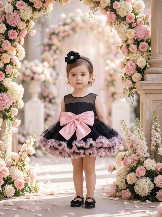 Front view of a child wearing a black dress with a sheer neckline, large pink bow and pink ruffled hem.