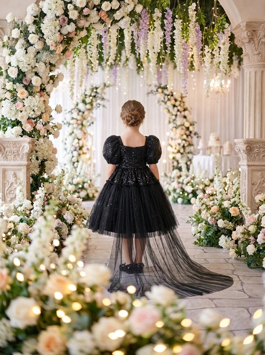 Back view of a child wearing a black dress with shiny puff sleeves, a decorated bodice and long sheer train.