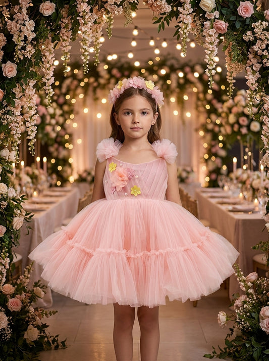 Rose Garden Princess Gown – pink ruffled tulle dress with floral accents, front view on girl